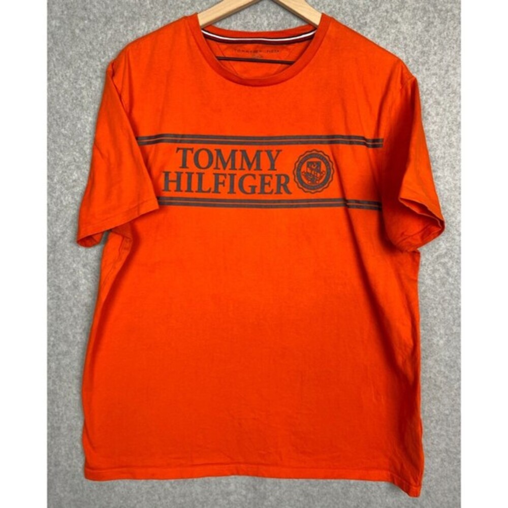 Tommy Hilfiger Mens Orange Graphic T-Shirt Size Large L‎ Crew Neck Cotton